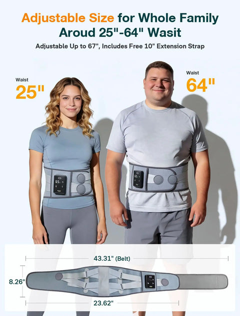67 Inch Cordless Heating Pad For Back Pain Relief With 3 Heat Levels And 5 Vibration Intensities worn by man and woman waist sizes 25-64"
