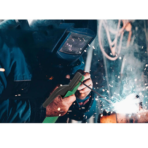 Heavy Duty Copper Welding Clamp Holder For 300 To 1000 Amps in use during auto repair work, featuring a rock hard handle.