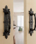 Heavy Duty 9 Inch Antique Barn Door Handle Set Of 4 For Gates Garages And Sheds Rustic Carved on wooden doors