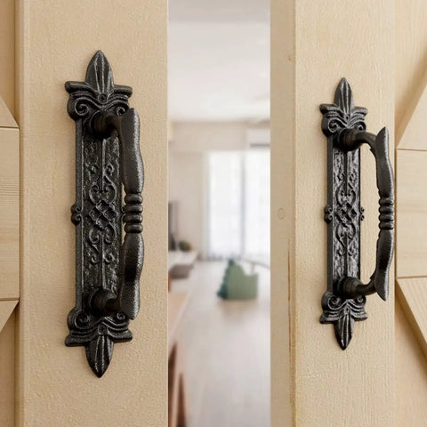 Heavy Duty 9 Inch Antique Barn Door Handle Set Of 4 For Gates Garages And Sheds Rustic Carved on wooden doors