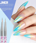 Close-up of hand with polished nails and liner brushes from Nail Art Tools Set With 23 Pcs Brushes And 5 Pcs Dotting Tools, Magnetic Nail Stand.