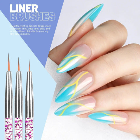 Close-up of hand with polished nails and liner brushes from Nail Art Tools Set With 23 Pcs Brushes And 5 Pcs Dotting Tools, Magnetic Nail Stand.