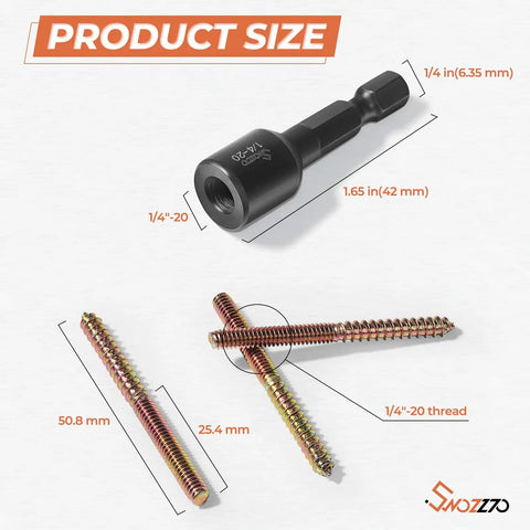 Product size of 16 Pack One Quarter By Two Inch Hanger Bolts With Driver Bit Heavy Duty Threaded Fastener Kit