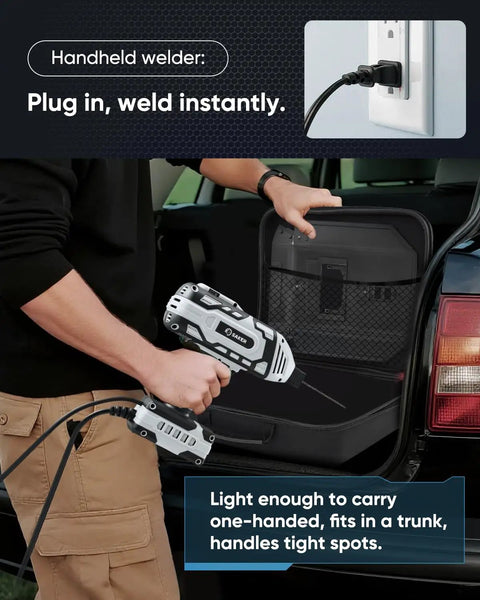 Person holding Portable Handheld Welder Gun With 5 Level Current, IGBT Arc Welder, plugging into outlet, beside car trunk