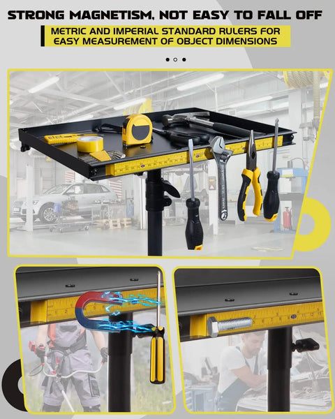 Image of a Rolling Tool Cart With Phone Stand And Portable Work Table For Your Garage Or Shop Go To Mobile Service Tray Magnetic Ruler Tool Holder Light Duty Tool Organizer Workbench Cart For Mechanics And DIY Projects showing magnetic tool holder with tools.