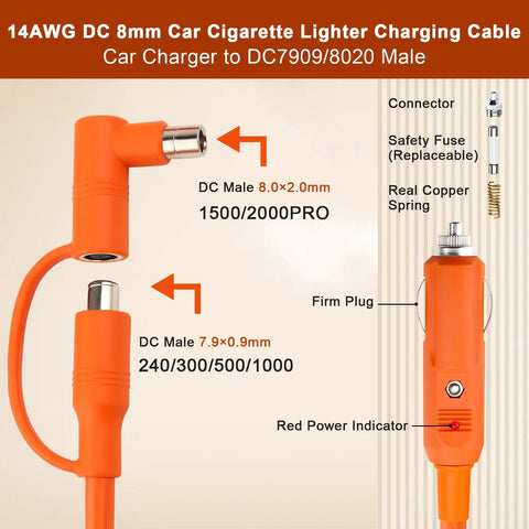 Heavy Duty 10 Foot 14Awg Car Charging Cable For Jackery Explorer Portable Power Stations with DC 8Mm Cigarette Lighter to DC 7909 8020 Plug shown