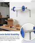 Straight Up Wall Mount Bubble Wrap Dispenser And Rock Solid Foam Roll Holder mounted on a wall, featuring blue side discs and sturdy steel frame.