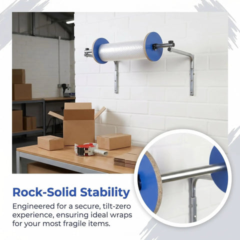 Straight Up Wall Mount Bubble Wrap Dispenser And Rock Solid Foam Roll Holder mounted on a wall, featuring blue side discs and sturdy steel frame.