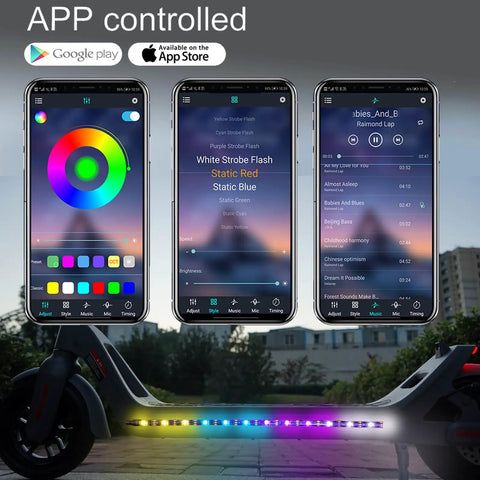 Two Strip LED Light Kit For Bikes Scooters And Skateboards Lit Music Sync Multicolor Changing Lights That Go With Your Ride Wireless USB Powered App Remote Control 360 Degree Music Sync Easy Install Strips