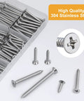 Tray of 304 stainless steel screws from Wood Screws 210 Piece Assortment Kit, close-up of Phillips drive head, six sizes shown.