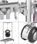 Collage of Stainless Steel Movable Broom Holder Organizer For Closet Storage And Mop Rack Floor Standing Cleaning Supplies Cart Durable And Easy To Install For Garden Garage Schools Hotels Hospitals Factories And Restaurants with close-up of hooks, clamps, and wheels.