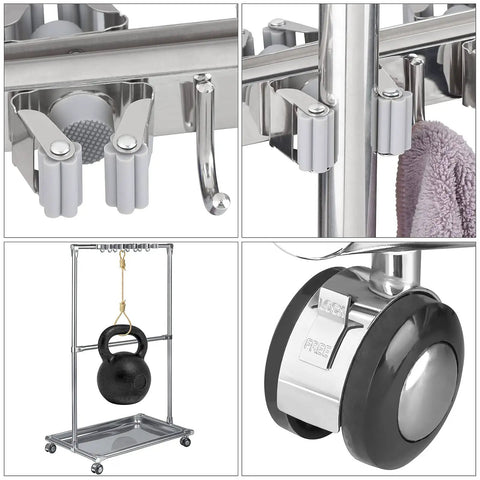 Collage of Stainless Steel Movable Broom Holder Organizer For Closet Storage And Mop Rack Floor Standing Cleaning Supplies Cart Durable And Easy To Install For Garden Garage Schools Hotels Hospitals Factories And Restaurants with close-up of hooks, clamps, and wheels.