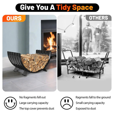 Comparison of Go-To Rustproof Metal Firewood Rack by a fireplace, showing sturdy design and organized wood, versus a cluttered rack.
