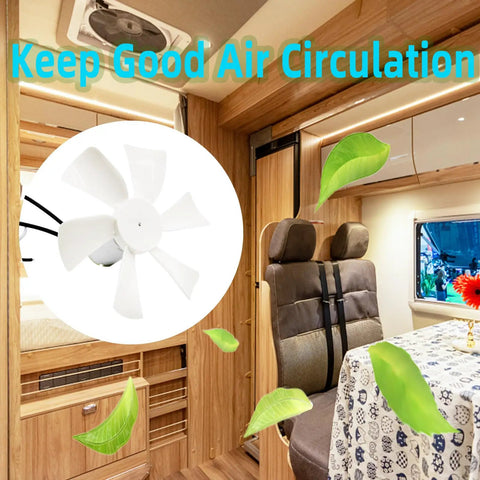 6 Inch RV Vent Fan Motor Replacement With Blade installed in a motorhome, showing air circulation in RV interior.