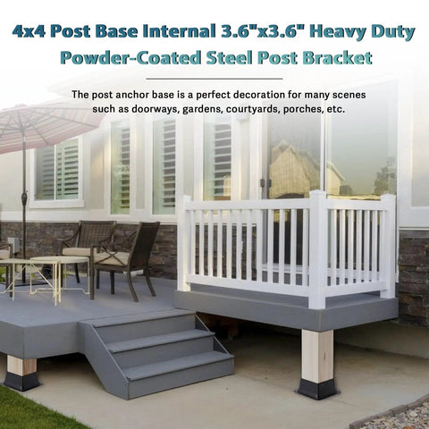 Beefy Heavy Duty 4x4 Post Base Brackets Set Of 2 In Black Powder Coat installed on a porch deck supporting white railing.