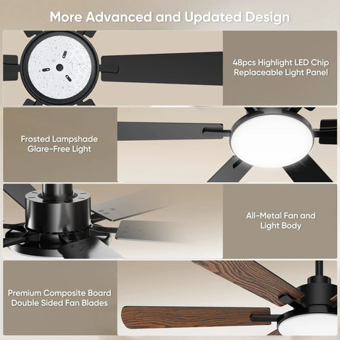 52 Inch Ceiling Fan With Lights Six Double Sided Blades Ultra Quiet Reversible DC Motor Remote And App Control Six Speeds Dimmable LED With Memory Function Three Color Temperature Downrod Mount For Living Room Black showcasing metal body and frosted lamp shade
