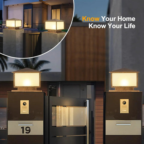 Heavy Duty Outdoor Post Lights With Hardwired E26 Socket And 3000K Warm White Bulbs For Porch Gate Columns Cast Aluminum Fixtures lit at a modern gate.