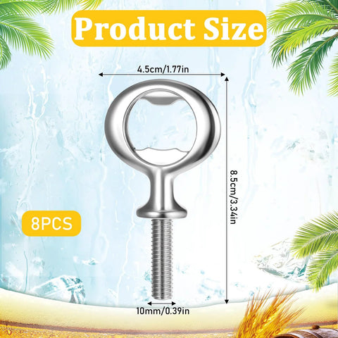 Stainless steel bottle opener with circular ring head and threaded stem; 8-piece kit for weddings and DIY projects.