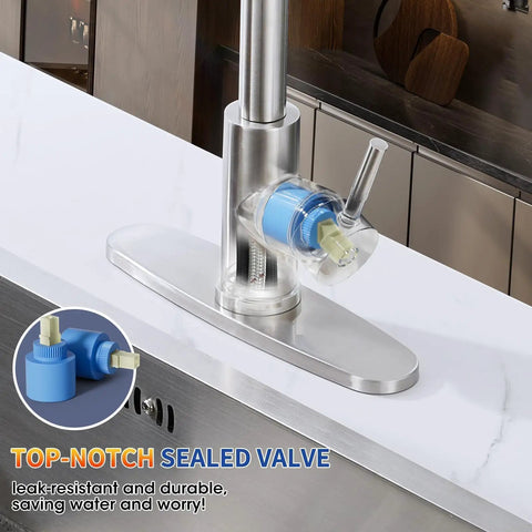 Top Shelf Kitchen Faucet With Pull Down Sprayer In Brushed Nickel Lead Free Stainless Steel Build Rated For Heavy Duty Use and showing top-notch sealed valve detail.