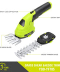 2 In 1 Cordless Hedge Trimmer And Grass Shears For Garden Yard And Lawn with 1100 RPM motor, 65Mn steel blades, detachable parts.