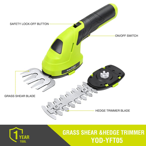 2 In 1 Cordless Hedge Trimmer And Grass Shears For Garden Yard And Lawn with 1100 RPM motor, 65Mn steel blades, detachable parts.