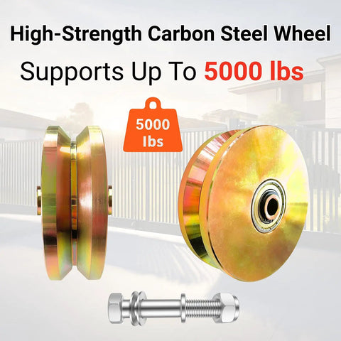 High-strength carbon steel 6 inch V groove wheel for sliding gates with 5000 lbs support, shown with bolt hardware.