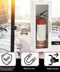 White Steel Fire Extinguisher Cabinet With Projecting Sign And Arrow, Wall Or Surface Mount For 10 Lb Dry Chemical Extinguishers.