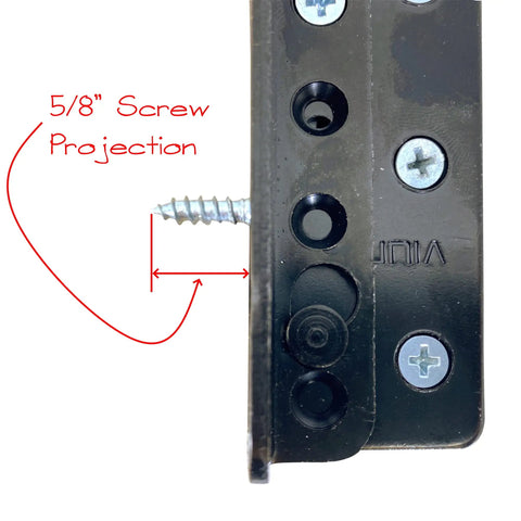 Close-up of Set Of Four Heavy Duty No Mortise Bed Frame Brackets Tough As Nails Solid Steel with 5/8 inch screw projection.