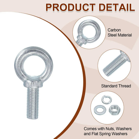 Five Pack M16 Galvanized Carbon Steel Eye Bolts Kit With Nuts And Washers Heavy Duty Lifting Ring Eye Bolts For Tie Downs Indoors Outdoors Five Eighth Inch By One Point Five Seven Inch Silver, carbon steel eye bolt with nuts and washers
