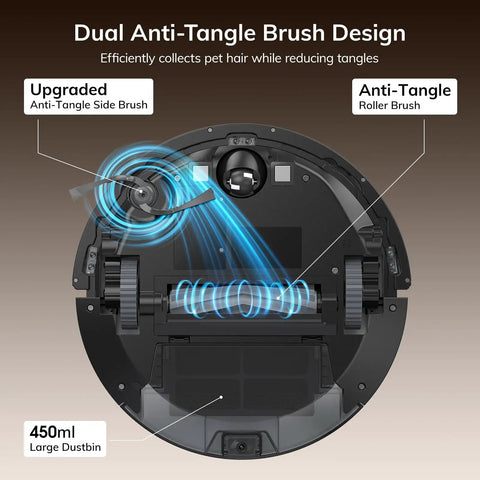 Back view of Powerful Max Suction Robot Vacuum With LiDAR Navigation And Home Mapping NoGo Zone 150 Minute Run Time 2 4G WiFi focusing on dual anti-tangle brush and 450ml dustbin.
