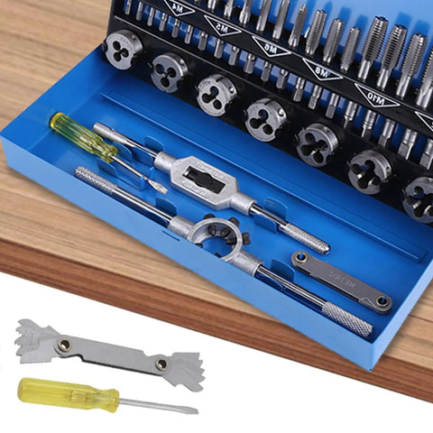 Must-Have 32 Piece Metric Thread Tap And Die Set For Garage Pros. Heavy Alloy Steel M3 To M10 Hand Threading Repair Kit Includes Wrenches Gauge And Tool For Serious Workshop Metalworking Jobs Today.