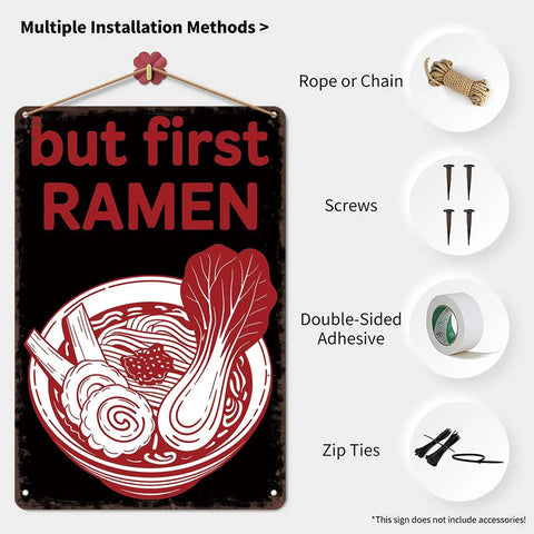 Funny Vintage Metal Sign But First Ramen Tin Wall Art 8x12 Inches with installation options