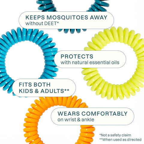 20 Pack Mosquito Repellent Bracelets For Adults And Kids Natural DEET Free Bands shown in blue, yellow, and orange spirals