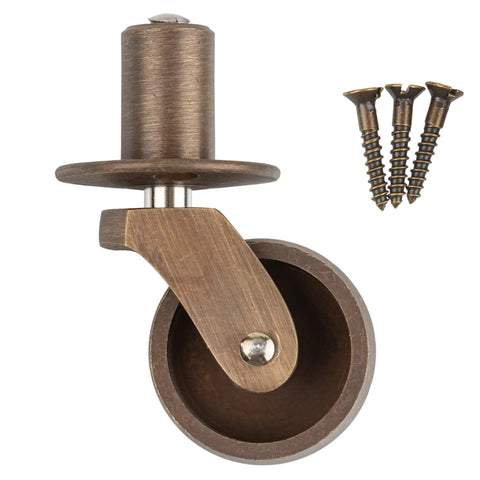 Old School Antique Brass Stem Casters With Round Plate Slick Rolling Furniture Wheels For Tables Chairs Dressers And Cabinets view of brass caster wheel with mounting screws