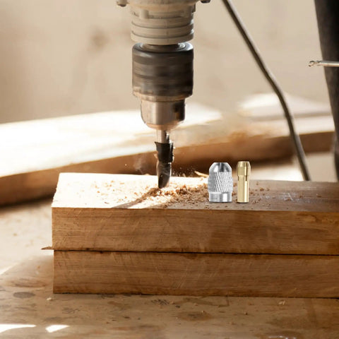 Pro Grade Quick Change Drill Chuck Reducer Adapter in use, copper and stainless collet on wooden block for precision milling