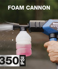 Portable Cordless Pressure Washer With Turbo Jet Power 350 PSI showing foam cannon attachment