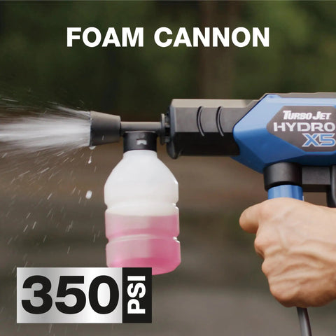 Portable Cordless Pressure Washer With Turbo Jet Power 350 PSI showing foam cannon attachment