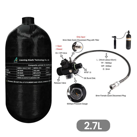4500 Psi 2.7L Carbon Fiber Scuba Tank With Paintball Fill Station Valve Regulator Gauge, lightweight high-pressure design