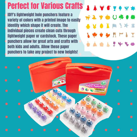 Mini Scrapbook Paper Hole Puncher Set With Forty Holiday Designs for Easter, Christmas, and more, in colorful travel case.