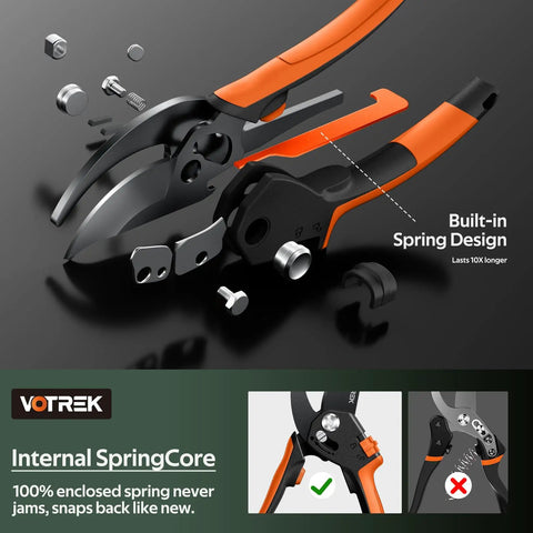 Exploded view of Pruning Shears With Stepless Adjustable Handle featuring SK5 steel blades and orange-built-in spring design