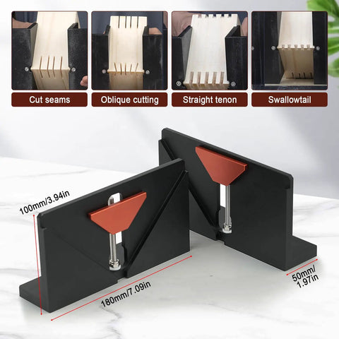 Heavy Duty Adjustable Aluminum Right Angle Spline Jig For Serious Woodworkers Featuring Wide Clamping Range To Knock Out Solid Miter Joints On Custom Frames And Drawers Quick with adjustable angles and clamps.