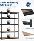 Heavy Duty Five Tier Metal Shelving Unit With Reinforced Steel Frame And Adjustable Thick Mdf Shelves Rock Solid Garage Storage Rack showcasing weight capacity with kettlebells.