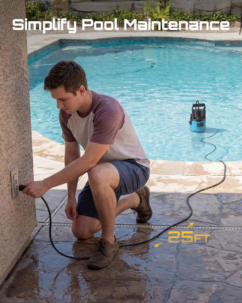 One HP Submersible Water Pump With 4755GPH High Flow Beast in pool setup for water removal, 25ft cord connected