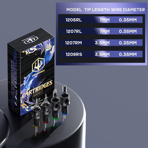 Close-up of tattoo cartridge needles and box, part of All-In-One Tattoo Pen Kit For Beginners With 2 Batteries, 20 Cartridge Needles.