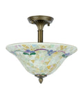 Three Light Art Glass Flush Mount From Johanna Collection In Brass Antique Finish with mosaic glass shade