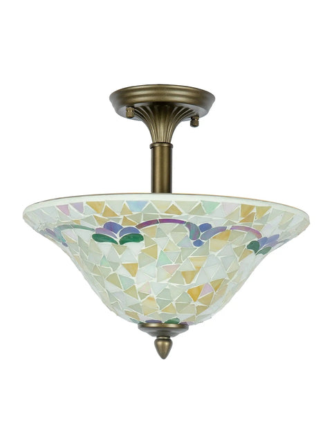 Three Light Art Glass Flush Mount From Johanna Collection In Brass Antique Finish with mosaic glass shade
