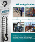 TOYO 1-ton manual chain hoist, front view with top hook and long steel chain