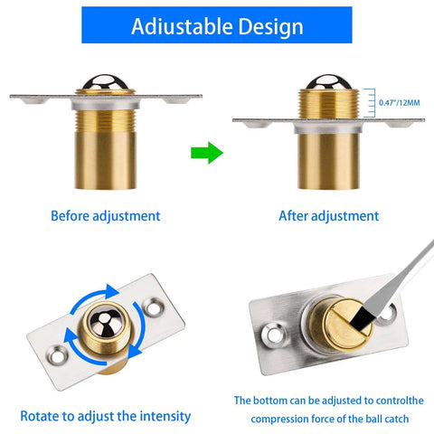 4 Pack Drive In Ball Catch For Closet Doors With Strike Plate Adjustable Tension Heavy Duty Stainless Steel And Brass Hardware showing adjustment process