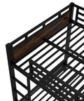 Black metal bunk bed frame, full-over-full with wooden headboard panel, close-up view of slat supports