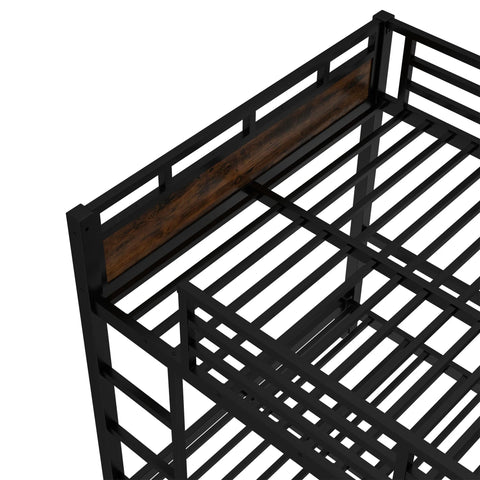 Black metal bunk bed frame, full-over-full with wooden headboard panel, close-up view of slat supports